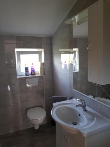 W łazience znajduje się umywalka, toaleta i lustro. w obiekcie Apartmani Vrdoljak Malinska w mieście Malinska