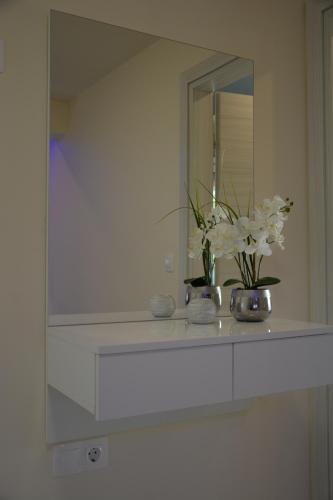 a bathroom counter with a mirror and a vase of flowers at Princess Luxury Suite 2 in Paralia Katerinis