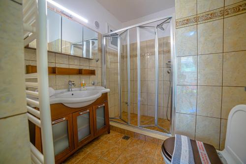 ein Badezimmer mit Waschbecken und Dusche in der Unterkunft Villa Hera-The infinity blue in Nisaki