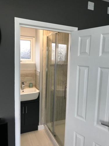 a bathroom with a shower and a sink at 49 Cherry Park Chalet in Chapel Saint Leonards