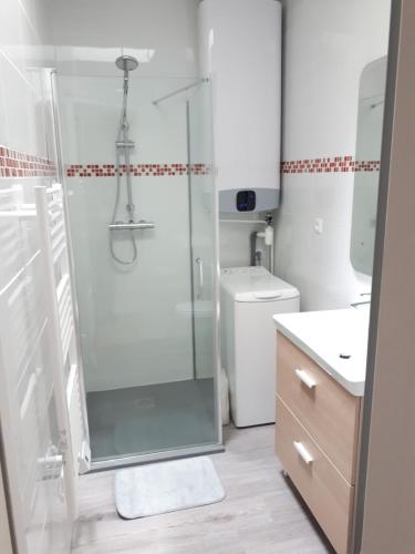 a bathroom with a shower and a toilet at Maison de pêcheur idéalement située. in Le Tréport