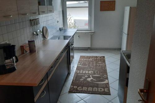 eine Küche mit einer Theke und einem Teppich auf dem Boden in der Unterkunft Gemütliche Whg in Einsiedel am Rande der Zwönitz in Chemnitz
