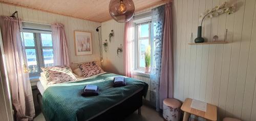 een slaapkamer met een bed en 2 ramen bij Nyksund Ekspedisjonen in Nyksund