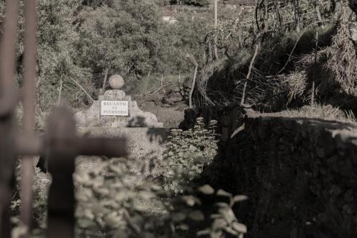 a black and white photo of a statue with a sign at Recanto do Pinheiro in Arga de Baixo