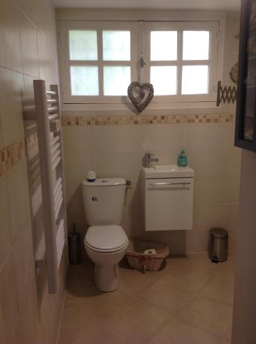 a bathroom with a toilet and a window at L’Etang Carp fishing lake and Gite in Saint-Junien