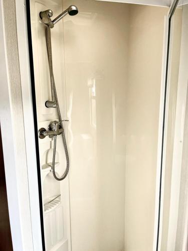 a shower in a bathroom with a glass door at Riviera Zator in Zator