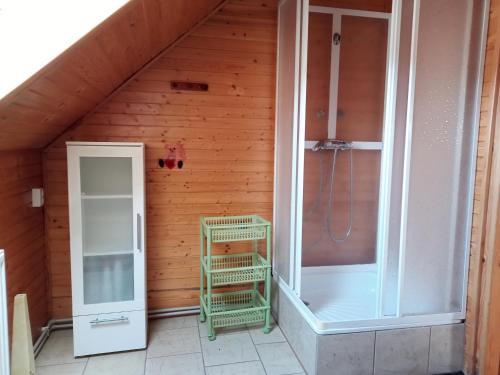 ein Bad mit einer Dusche und einem WC in einem Zimmer in der Unterkunft Gospodarstwo Agroturystyczne Aniela in Piecki