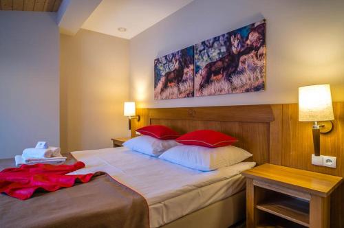 a bedroom with a large bed with red pillows at Sichlański Dworek & SPA in Murzasichle