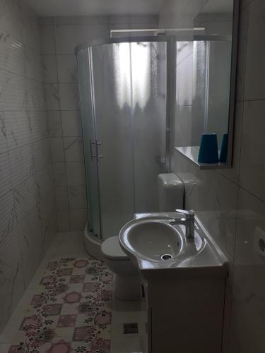 y baño con lavabo, ducha y aseo. en Spirit en Međugorje