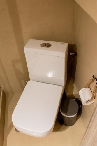a white toilet in a bathroom with a trash can at Langi Apartments in Mesolongion
