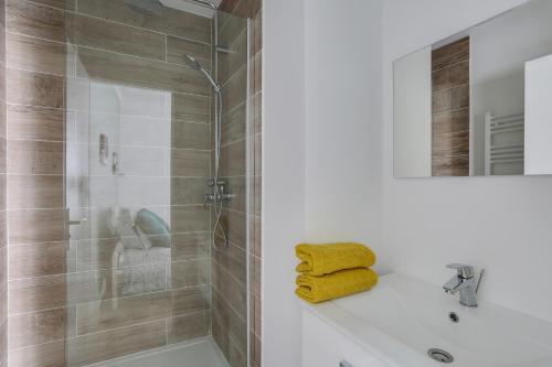 une salle de bain avec une douche, un lavabo et un miroir dans l'établissement Magnifique T5 - 12pers - Balcon et Vieux-Port, à Marseille