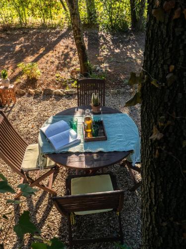 - une table de pique-nique à l'ombre d'un arbre dans l'établissement Les Jardins d'Holi appartement proche Uzès, à Garrigues-et-Sainte-Eulalie