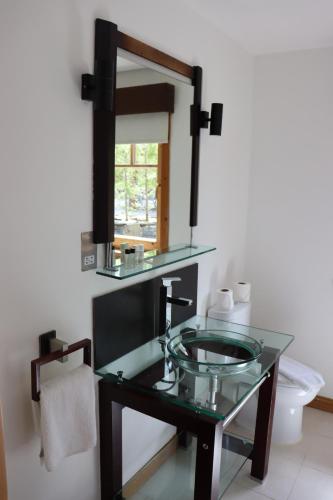 uma casa de banho com um lavatório de vidro e um espelho. em Lodge 37 Rowardennan, Loch Lomond em Glasgow