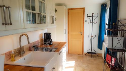 eine Küche mit einer Spüle und einer Arbeitsplatte in der Unterkunft Gîte Le p'tit nid de Montachon, Saulieu, Morvan in Saint-Didier