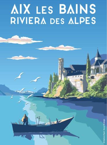 a poster of a man in a boat on a river at Studio 329 in Aix-les-Bains