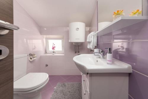 ein weißes Bad mit einem WC und einem Waschbecken in der Unterkunft Apartments Deny in Vrsar