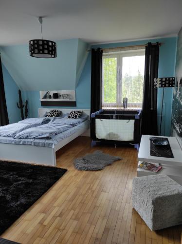 Un dormitorio con dos camas y una ventana. en U Agnieszki, en Krynica-Zdrój