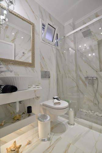 a bathroom with a sink and a toilet and a shower at Epavlis Luxury apts in Leptokaria