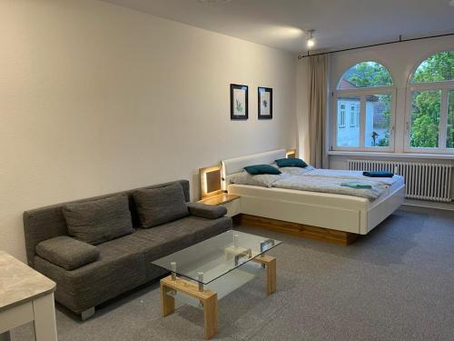 Gäste-Liesel Bad Pyrmont في باد بيرمونت: غرفة معيشة مع سرير وأريكة
