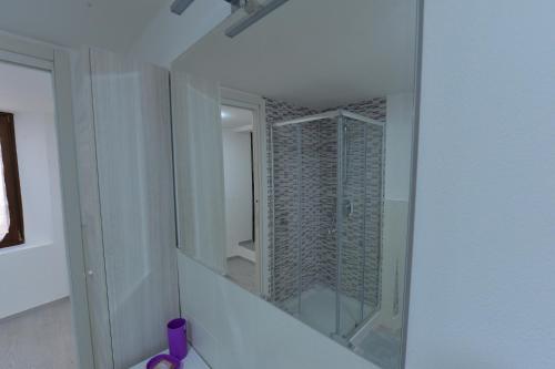 a bathroom with a walk in shower and a mirror at Casa CarMa in Porto Ceresio