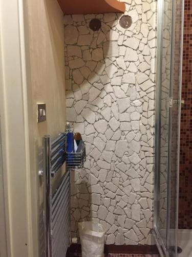 a bathroom with a toilet with a stone wall at The Incantation Guest House in Montesilvano