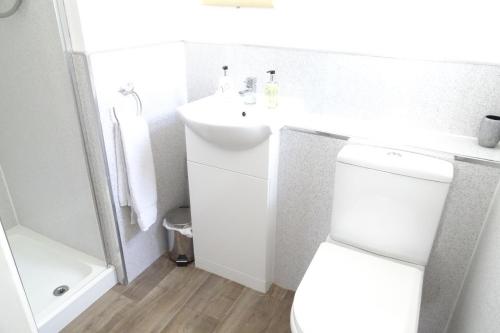 een witte badkamer met een wastafel en een toilet bij The Melville in Brixham