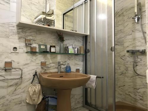 une salle de bain avec un lavabo et une douche dans l'établissement Nid Douillet à Bagatelle, à Deauville