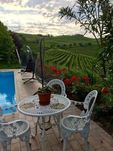 a patio table and chairs with a view of a vineyard at Residence delle Rose in Barolo