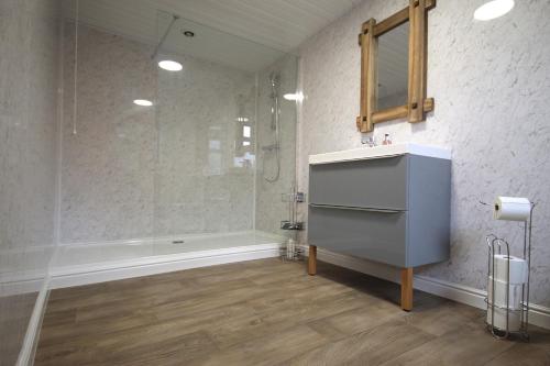 a bathroom with a shower and a sink at Paull Holme Farm Bed and Breakfast in Paull