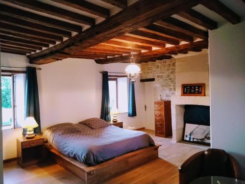 um quarto com uma cama e uma lareira em La Ferme Manoir Saint Barthélemy em Juaye-Mondaye