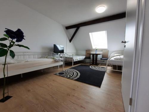 ein Schlafzimmer mit einem Bett und einer Couch und einem Fernseher in der Unterkunft Pension Bei Valentina in Wertheim