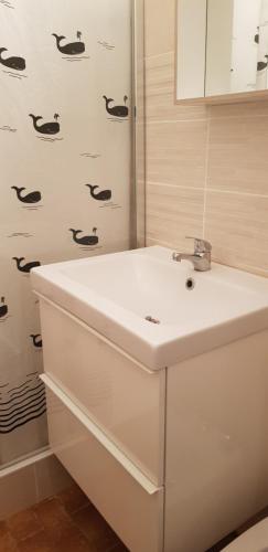 une salle de bain avec un lavabo blanc et un miroir dans l'établissement Studio Naturiste 