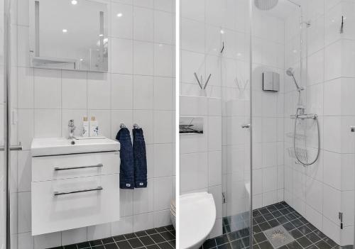 a bathroom with a shower and a sink and a toilet at Venngarn 304 in Sigtuna