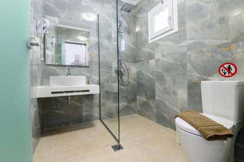 a bathroom with a shower and a toilet and a sink at Sueño Suites in Parga