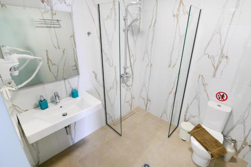 a bathroom with a shower and a toilet and a sink at Sueño Suites in Parga