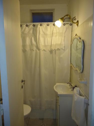 a bathroom with a shower curtain and a sink at DTO 1AMB. RECOLETA in Buenos Aires