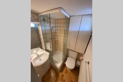 a bathroom with a toilet and a sink and a shower at Appartement calme vue sur l'hérault et la mer in Agde