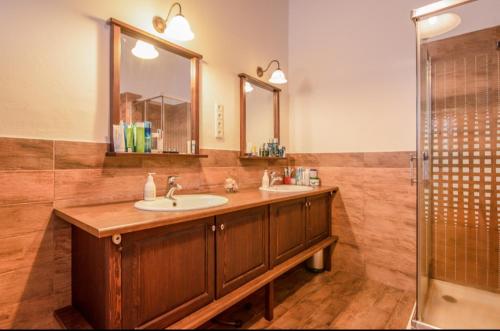 a bathroom with two sinks and a shower at Bivaly Tanya in Domaszék