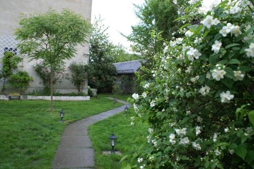 a garden with white flowers and a pathway at Hôtel Céleste in Luchon