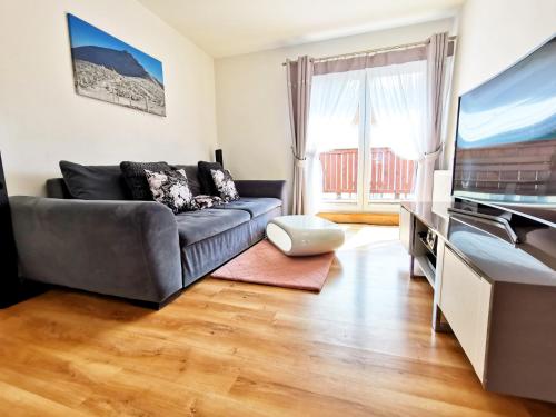 a living room with a couch and a television at Apartamenty Alcatraz z Jacuzzi in Karpacz