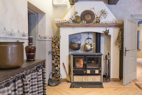 a kitchen with a wood stove in a room at Zyplių Dvaro Oficina Viešbutis 