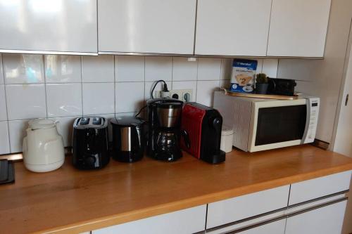 a kitchen counter top with a microwave and appliances at Villa Wachtertor in Krems an der Donau