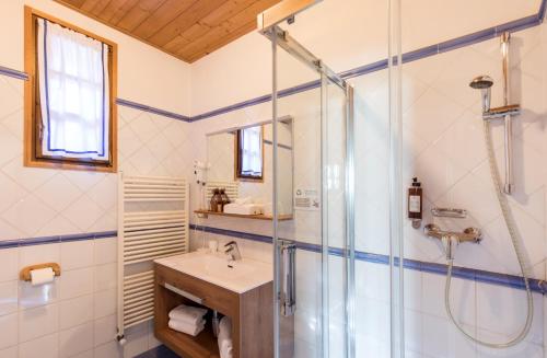 a bathroom with a shower and a sink at Hotel Edelhof in Tarvisio