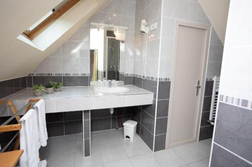 a bathroom with a sink and a mirror at Logis-Hôtel & Restaurant LE CARNOT in Bolbec