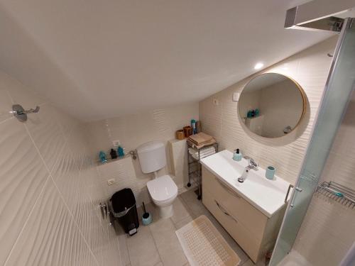 a bathroom with a toilet and a sink and a mirror at Apartma Marina in Piran