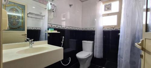 a bathroom with a sink and a toilet and a mirror at Al Nakheel Hotel Apartments in Ras al Khaimah