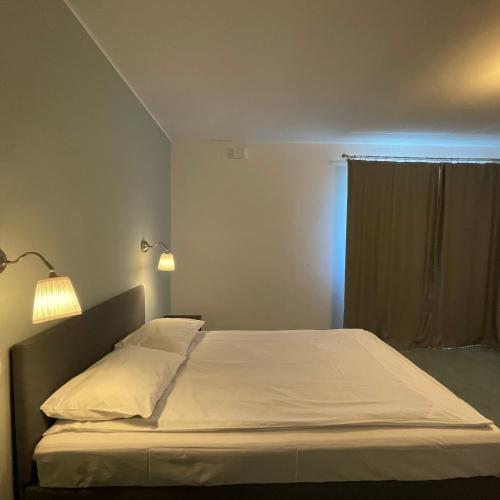 a bedroom with a bed with two lamps and a window at Casa Nube in Orşova