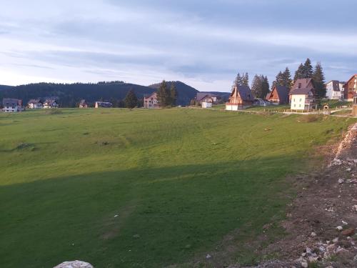 an empty green field with houses in the background at Vlašićka priča Eko Fis in Vlasic
