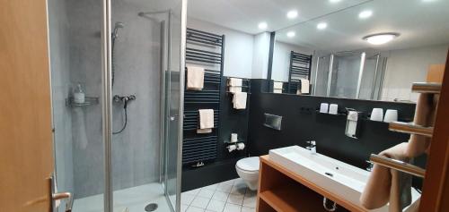 a bathroom with a shower and a toilet and a sink at Hotel Bigger Hof - Wirtshaus Platzhirsch am Jahnplatz in Olsberg