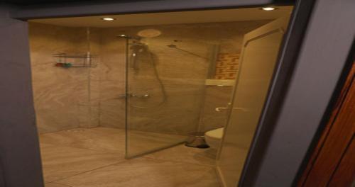 a shower with a glass door in a bathroom at LUWİ ANTAKYA BOUTİQUE HOTEL in Hatay